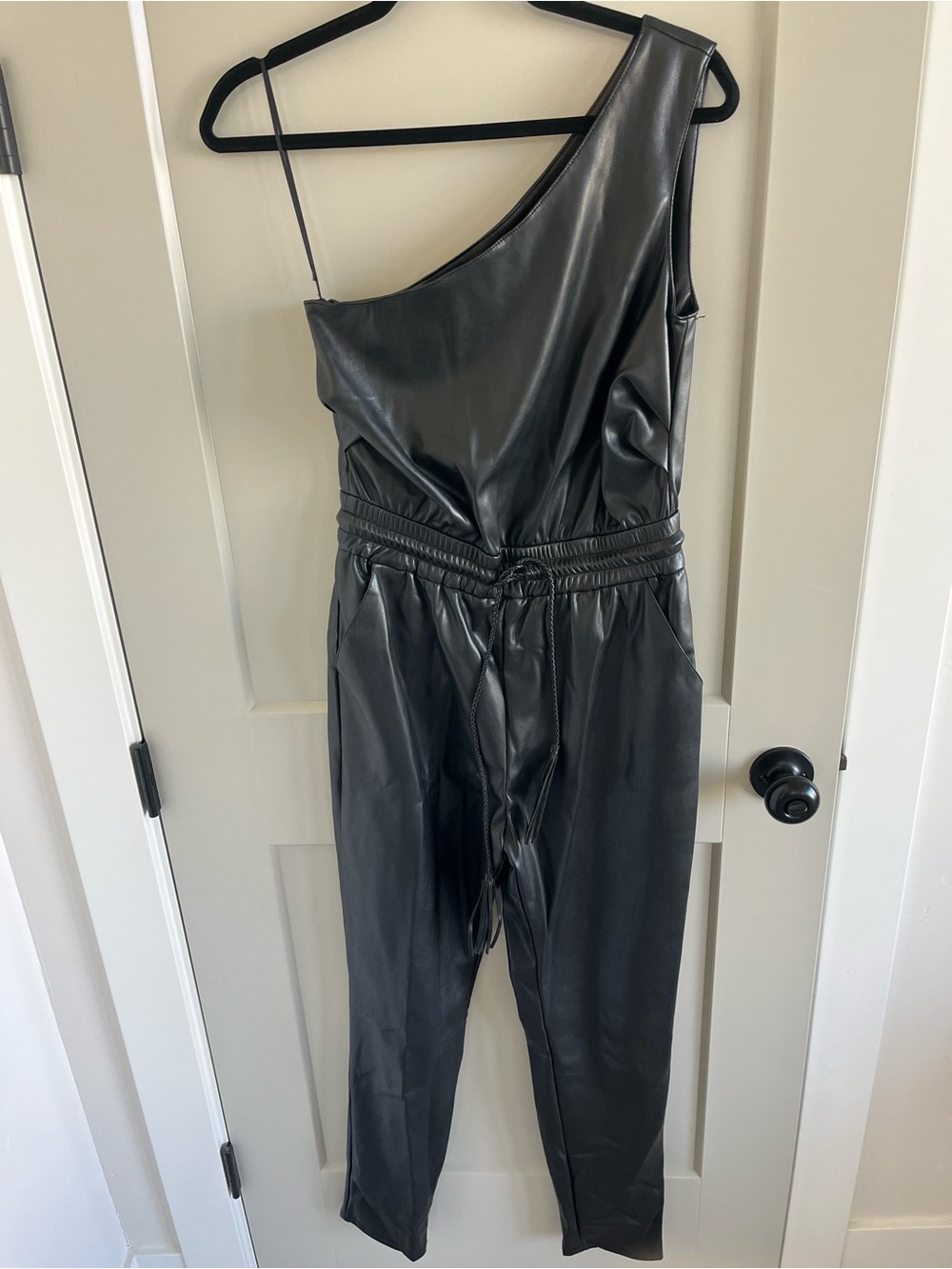 MOTHER the landslide One-Shoulder Black Faux Leather Jumpsuit small excellent - Picture 3 of 9